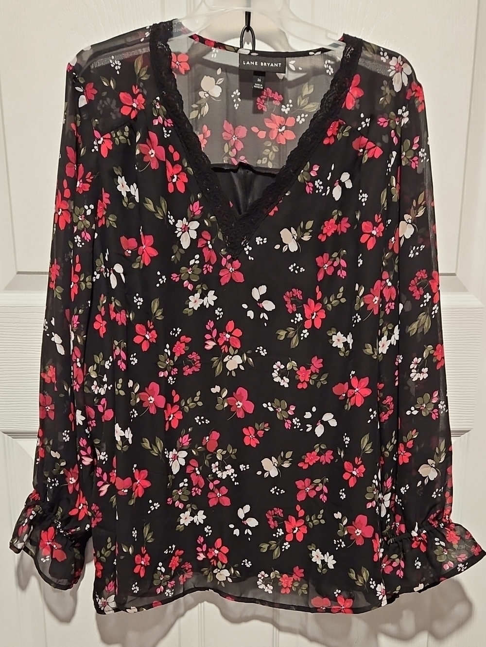 Lane Bryant Black Floral Lace-Trim V-Neck Sheer Blouse